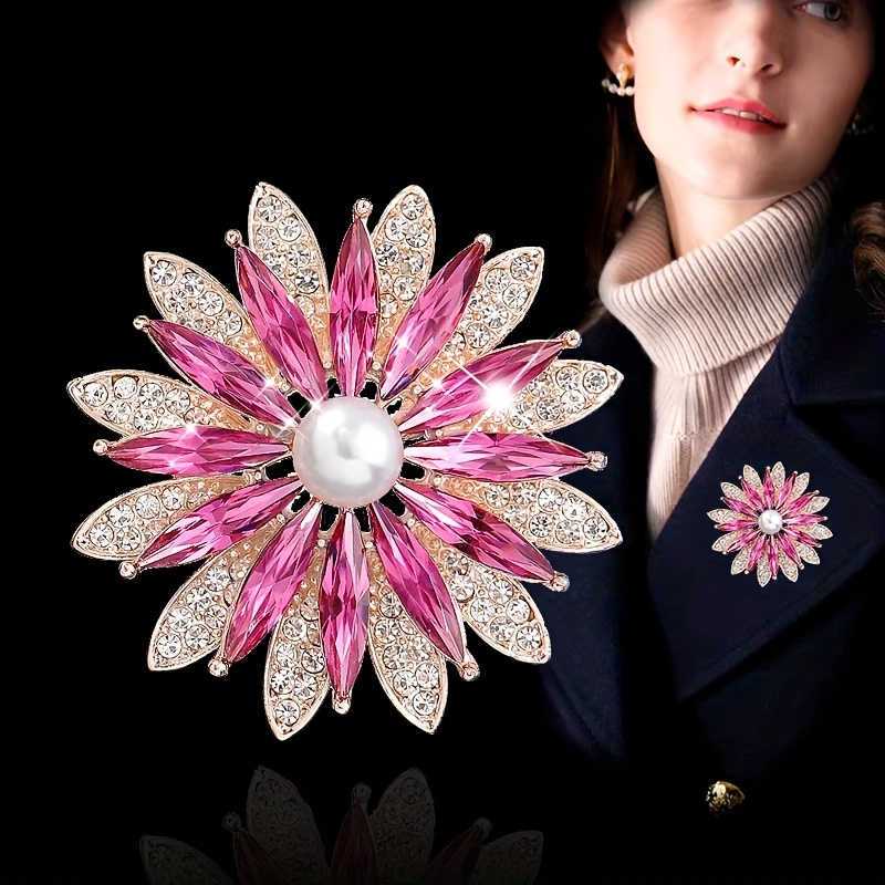 TEMU 1pc Sparkling Alloy Brooch, Pink Sunflower Design, Women's Exquisite Secure Anti-slip Pin, Scarf
