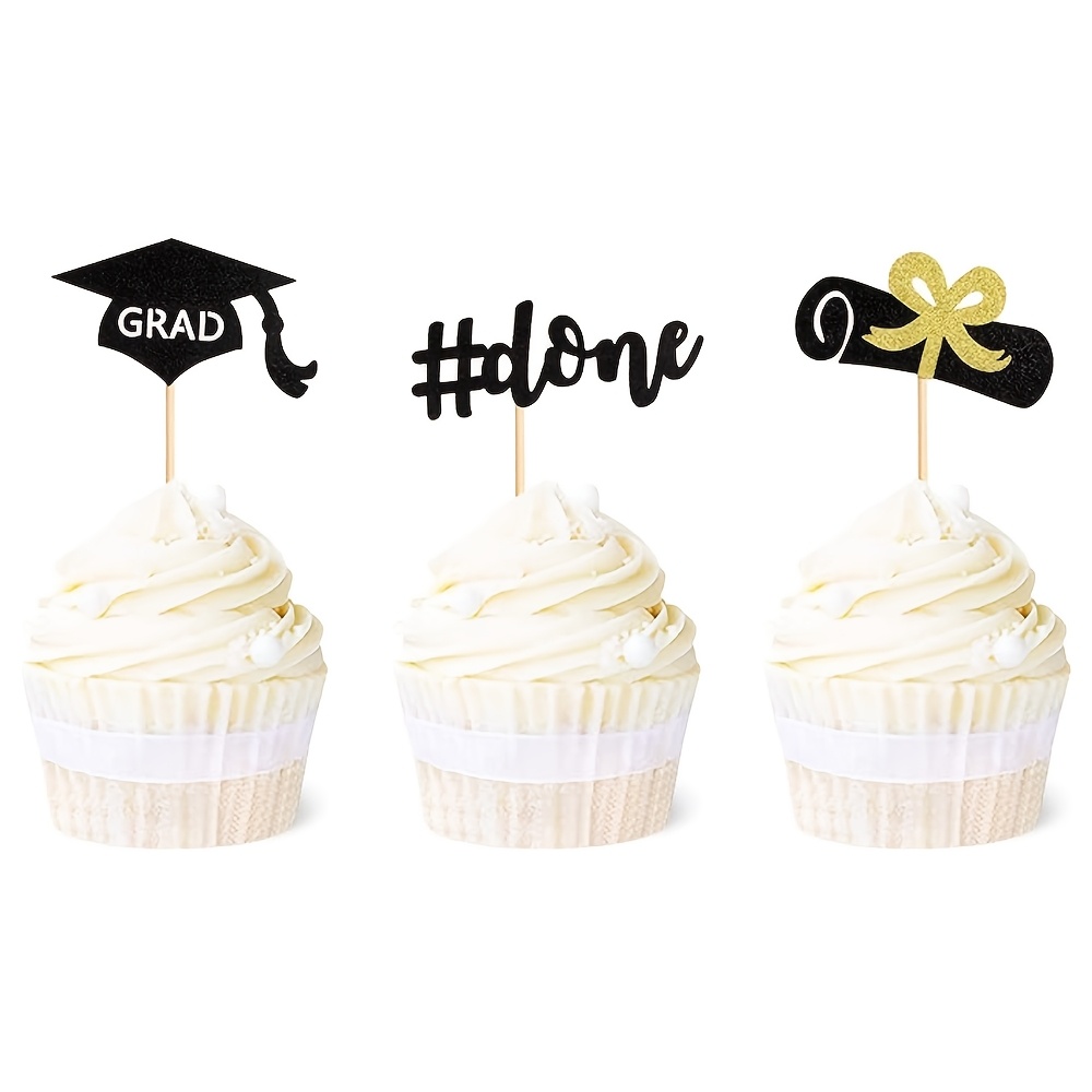 

24pcs Graduation Cupcake Toppers - Grad Cap & Designs With Golden Accents, Elegant Paper Decorations For Grad Party