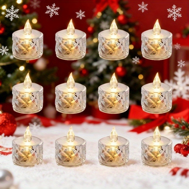 12pcs Crystal-textured Flameless Led Tea Candles, Battery-powered With Realistic Flickering Flame Effect, Suitable For Home Decor, Ramadan, New Year, Valentine's Day, And