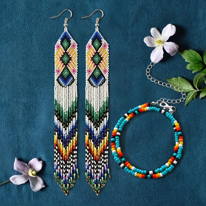 2pcs bohemian vintage beaded tassel earrings set handmade Temu