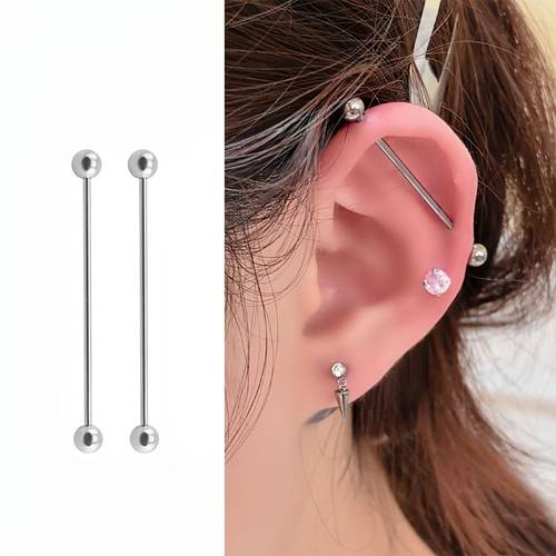 1 2pcs set stainless steel piercing jewelry steel ball barbell ear cartilage stud industrial bar earring punk style sweet and cool unisex suitable for daily wear and parties