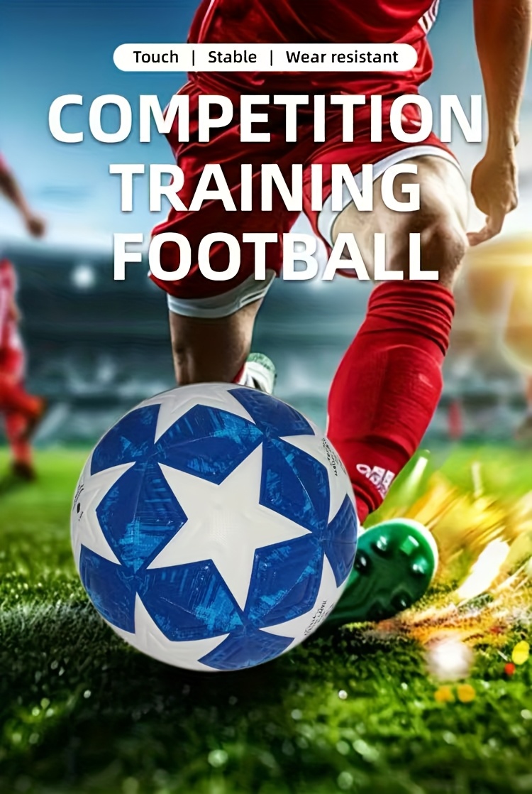 1 Nieuwe Nr. 5 Voetbal, Hoogwaardig PU Materiaal, Naadloze Pasvorm, Waterdicht en Antislip, Duurzaam en Slijtvast, Geschikt voor Buitensporten, Competities, Voetbaltraining en Dagelijkse Wedstrijden - Blauw en Wit Vijfpuntige Ster Ontwerp - Inclusief Luchtpomp, Balnaald en Draagnet