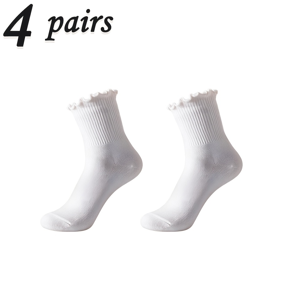 TEMU 4-pair Women's Elegant Ruffle Ribbed Mid-calf Socks - Soft Breathable Suitable For School, Work & Casual Wear, Solid Color Everyday Socks With