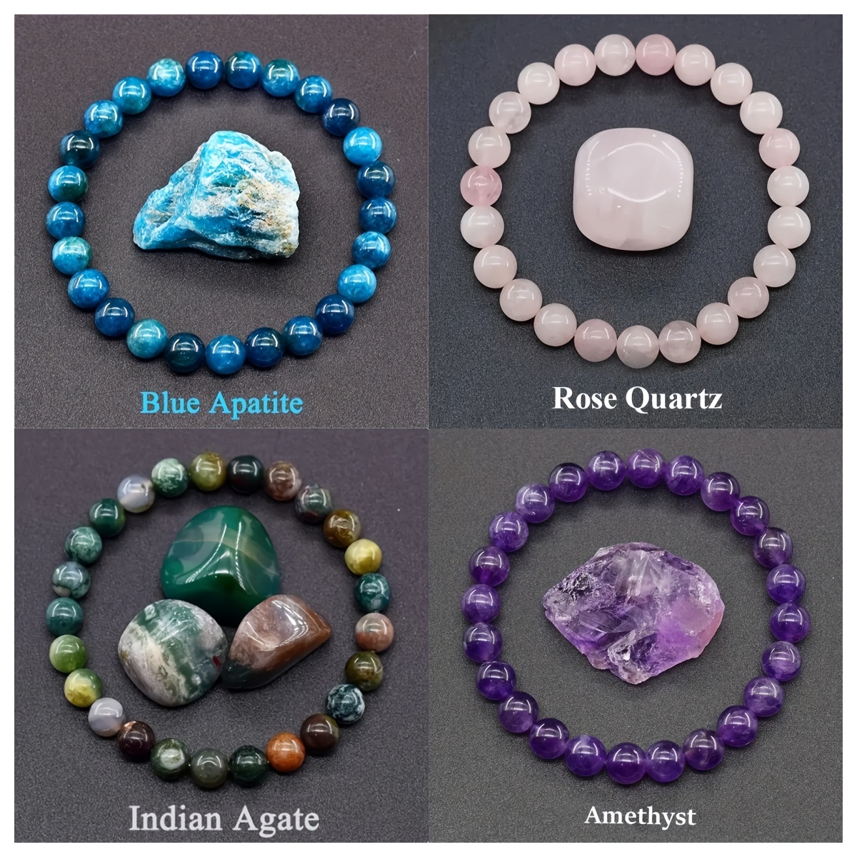 Image of 4pcs Natural Stone Bracelet Set - Elegant Bohemian Apatite, Amethyst, Rose Quartz, And Indian Agate Bracelet Collection