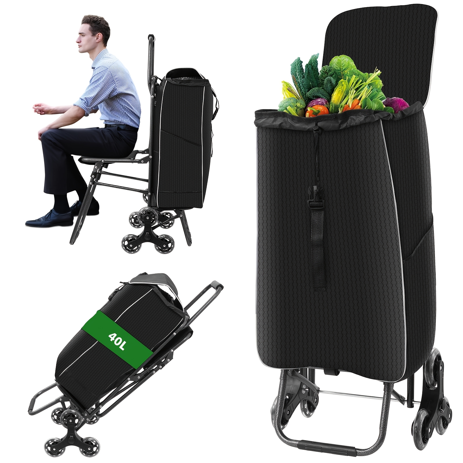 Image of 3-in-1 Folding Shopping Cart With Seat, Stair Climbing Grocery Trolley, Shopping Cart And Trolley And Stool; Triangular Wheel Shopping Cart Lightweight Portable Utility Cart, 40l Large Capacity