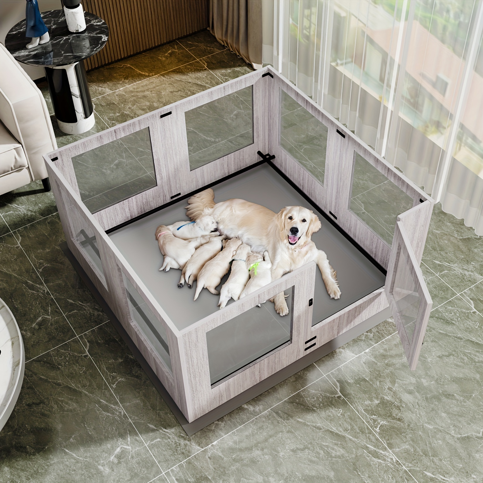 Image of Tempered Glass Dog Playpen: Indoor Pet Whelping, Pen Box, Protective Ledge Inside, With Pad, Exercise Box For Newborn Puppies (h60cm X W120cm X D 118cm)
