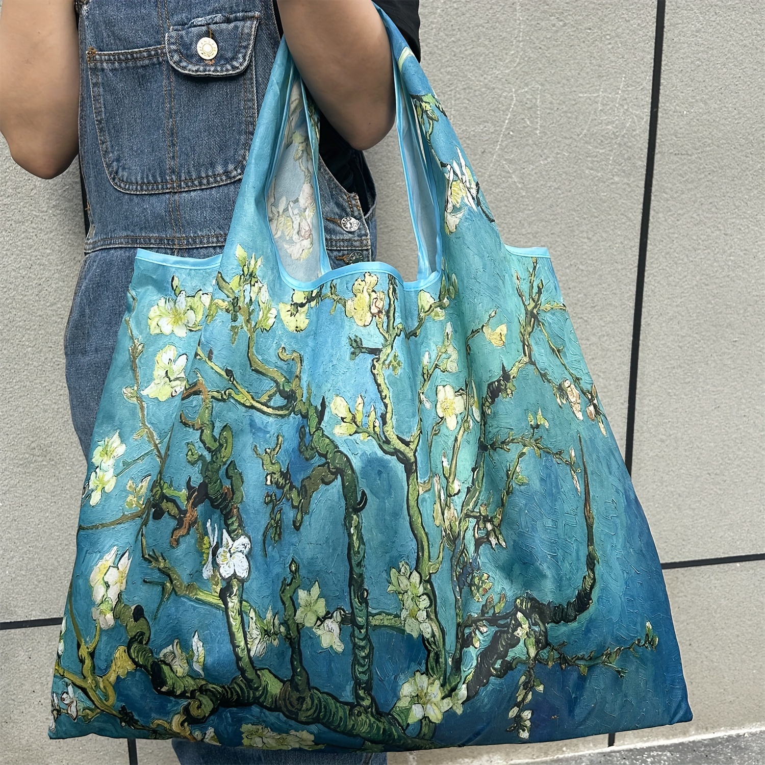 

Large Capacity Nylon Tote Bag With Blossom Print, Foldable, Machine Washable, Non-floral Pattern, Adjustable Shoulder Strap, Wristband, Unlined, - Blue