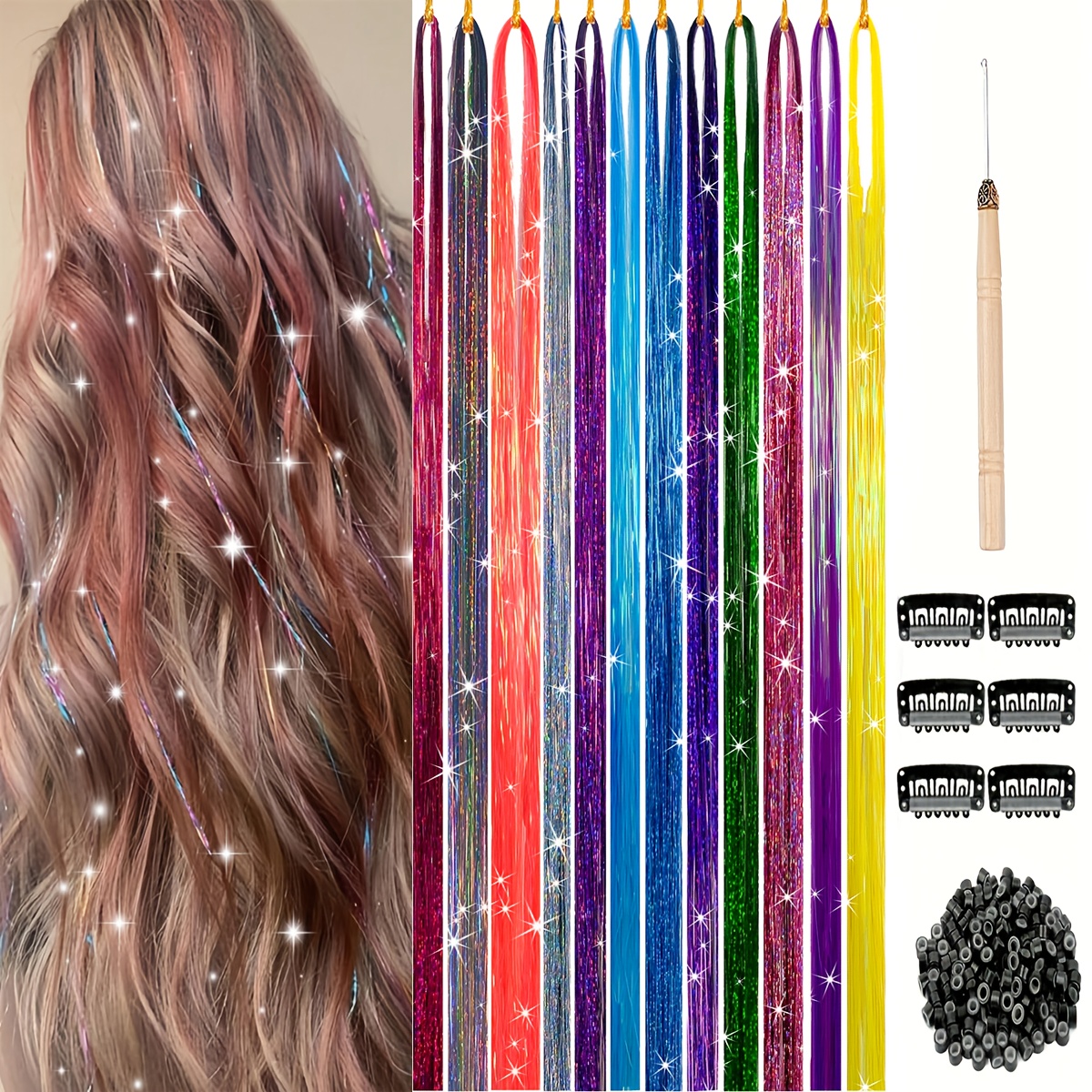 E-shop 12er Set Haar Glitzer Set, Hitzebeständig, 48/36 Zoll lang, mit 12 funkelnden Farben. Diese glitzernden Fäden sind , um Highlights ins Haar zu