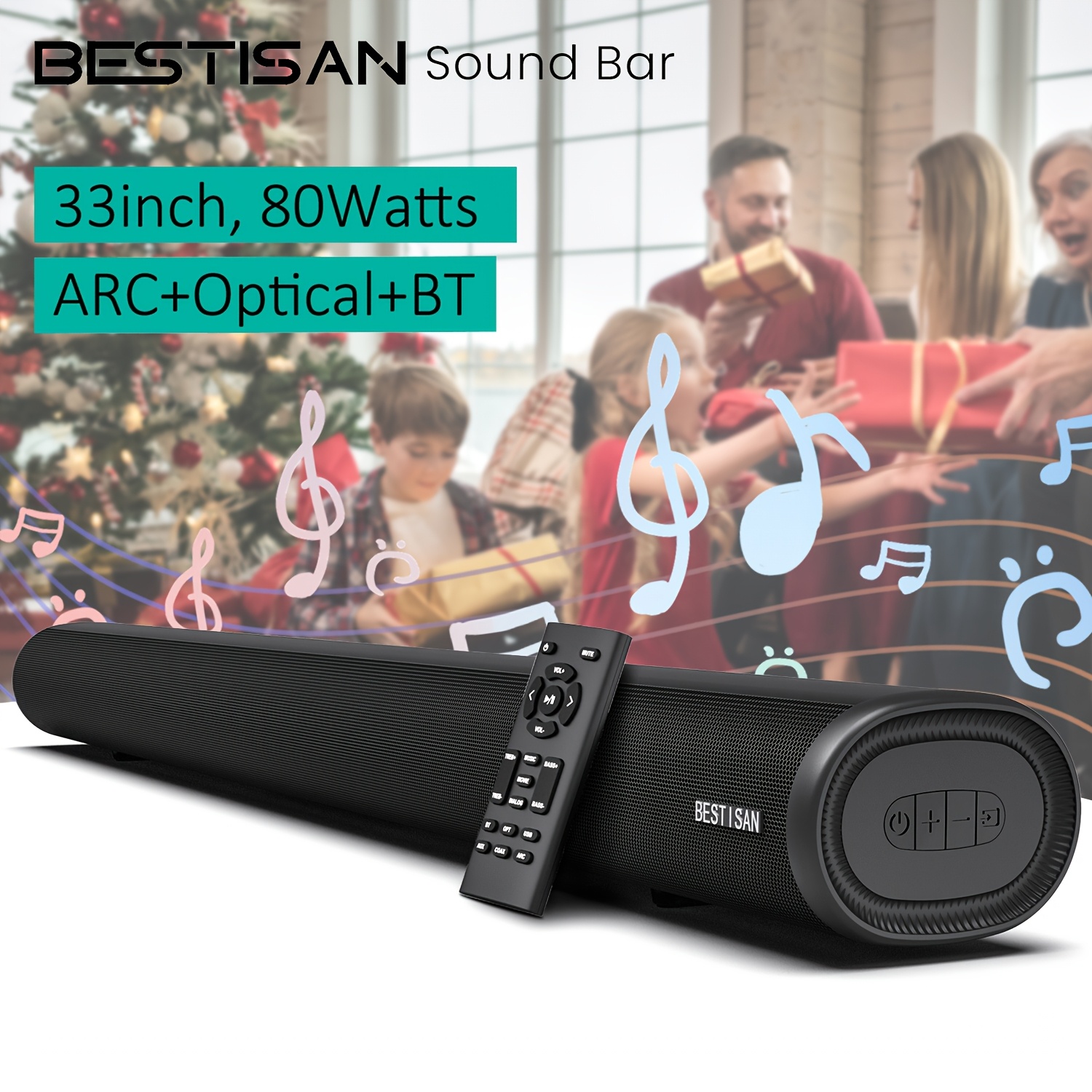 

Bestisan Sound Bar, 80 Watts 33.5 Inch Sound Bars For Tv With Bt 5.0, 3 Eqs, Bass Adjustable, Arc/optical/coaxial/aux/usb Connection For Home Theater, Gaming, Pc, Projectors.