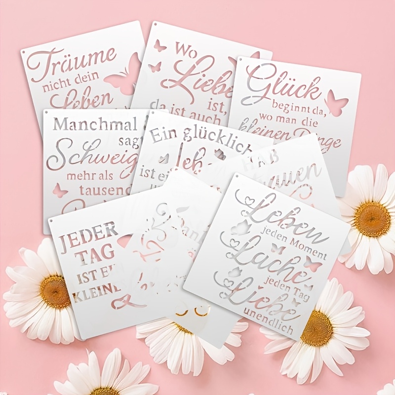 E-shop Set mit 9 deutschen Zitat-Vorlagen - 7,9" Wiederverwendbare Bastel-Schablonen mit motivierenden Sprüchen, Blumen- und Schmetterlingsmustern,
