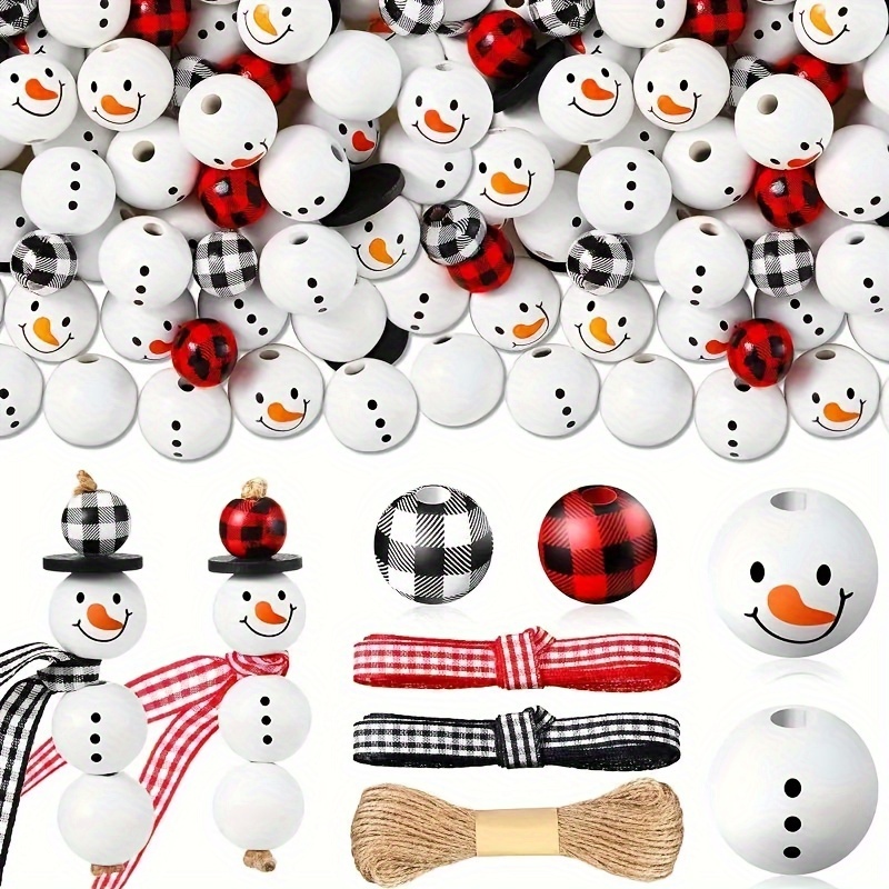 

60pcs Christmas Snowman Craft Bead Kit With Wooden Beads & Diy Hemp Rope Scarf - Party, Holiday & Home Decor