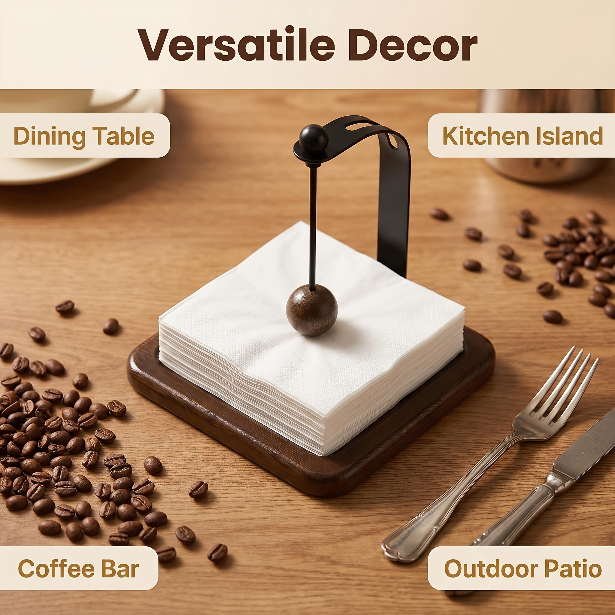 TEMU Elegant Metal Napkin Holder With A Spherical Knob - Stylish Black Finish, Durable Wooden Base, Perfect For Dining Tables, Bedside Tables, Living