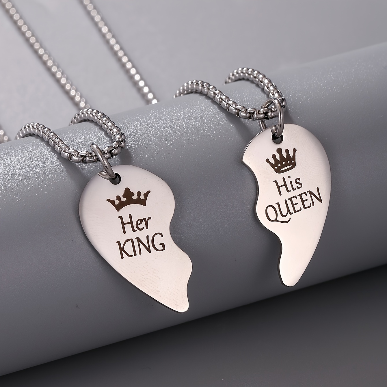 

1pc Stainless Steel Letter Necklace King Queen Crown Couple Confession Love Heart Necklace