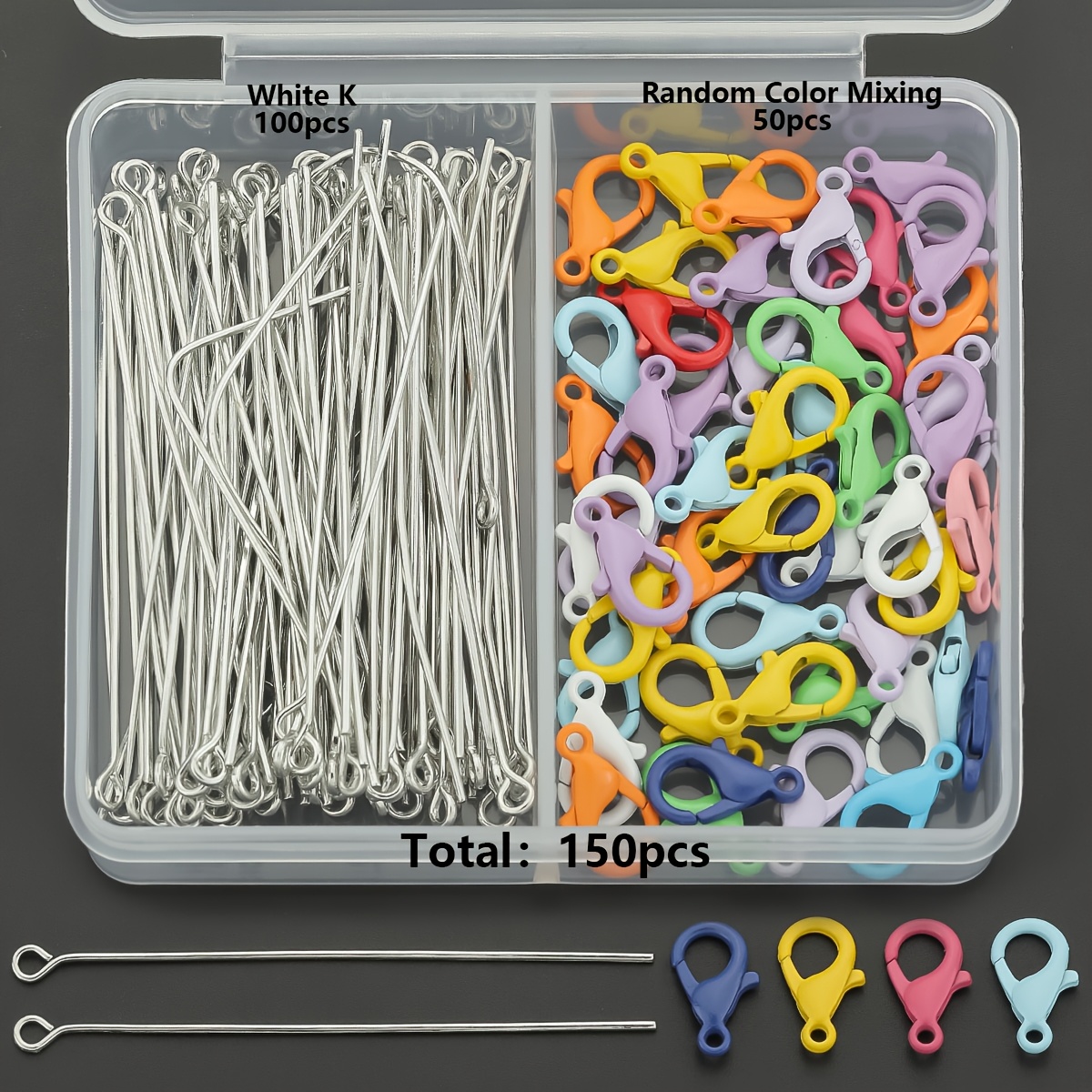 TEMU 150pcs/box Keychain Making Parts, Including 50pcs Random Mixed Colors Lobster Clasps And 100pcs 9-needle Pins, Alloy Spring Clasps, Hook