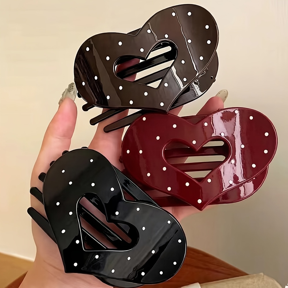 TEMU 3pcs Heart Polka Dot Women's Flat Hair Clips, Matte Flat Claw Clips, Strong Styling Large Hair Clips For Thick And Fine Hair, Non-slip Hair Claw