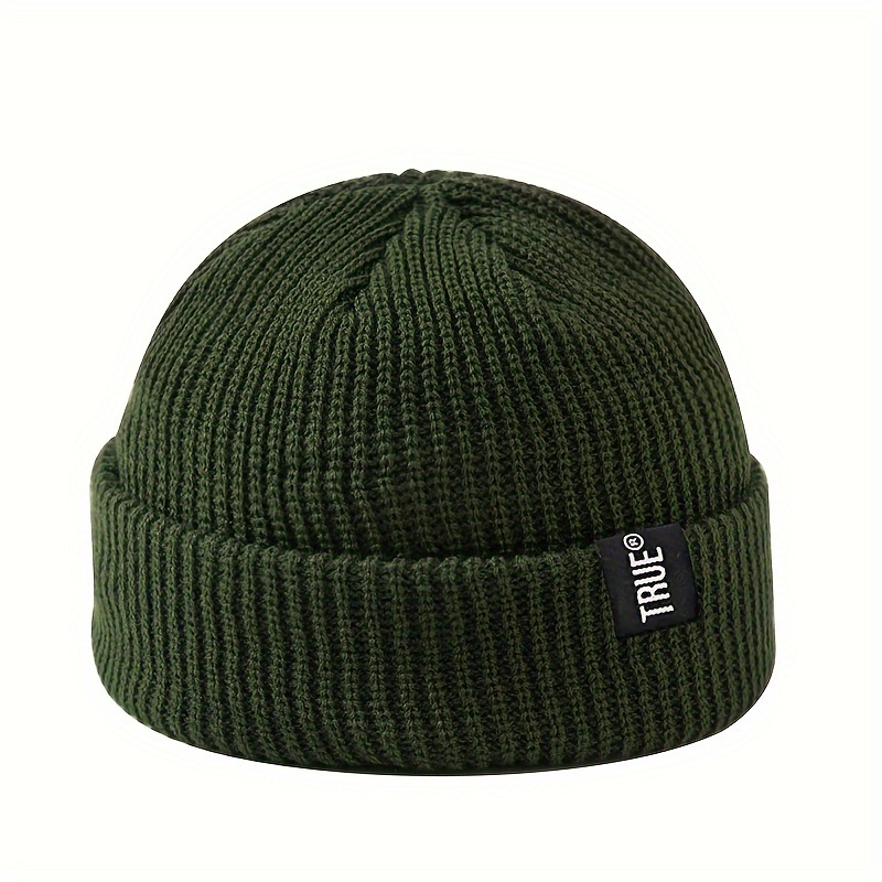TEMU 2024 Fashionable Short Brim Knitted Hat With Fabric Label Lettering, Unisex Knitted Cap For Outdoor Holiday Parties, Hip-hop Brimless Cap, Men's