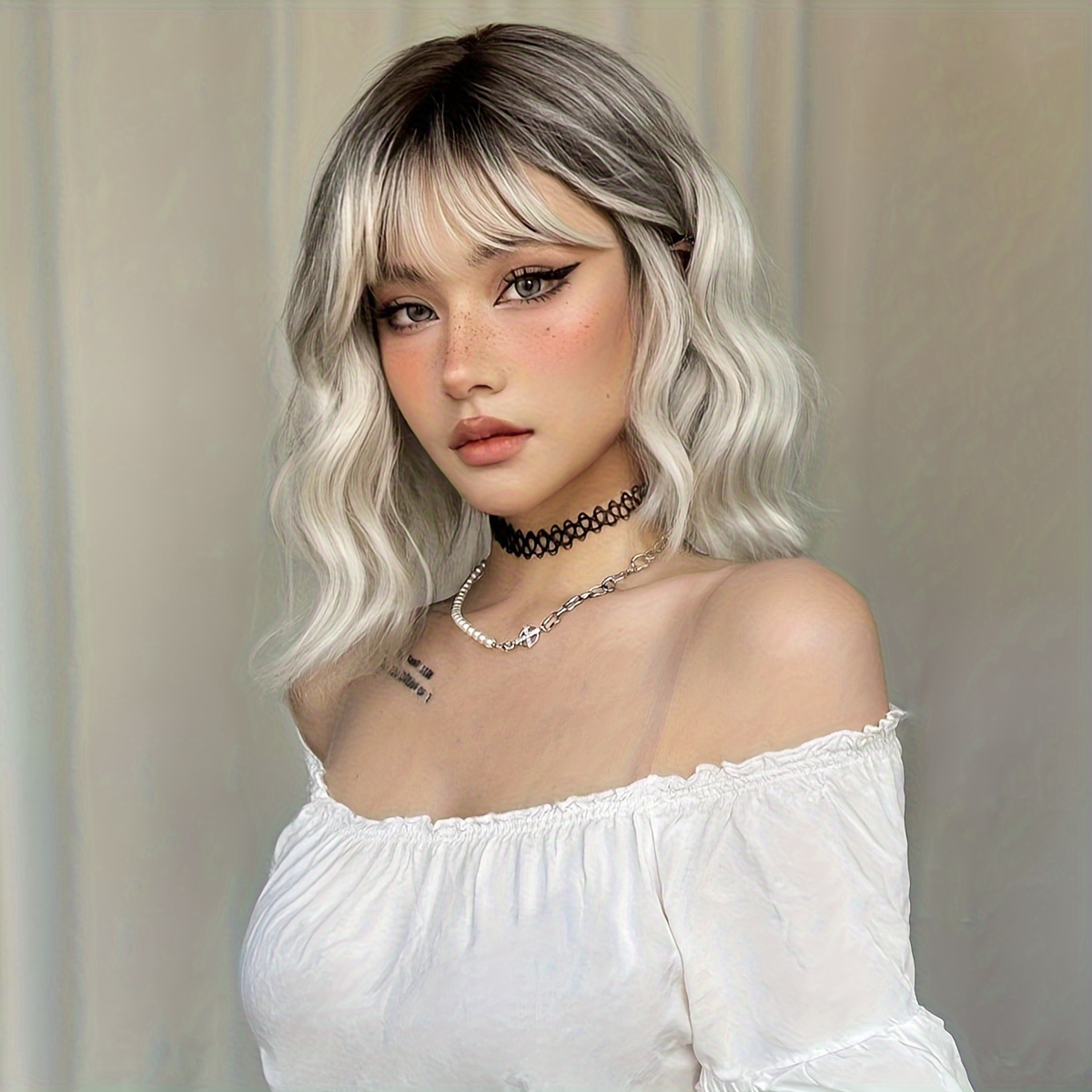 TEMU White Golden Bangs, Short Curly Hair, Synthetic Wig Headband For Women, Matte High-temperature Rose Mesh