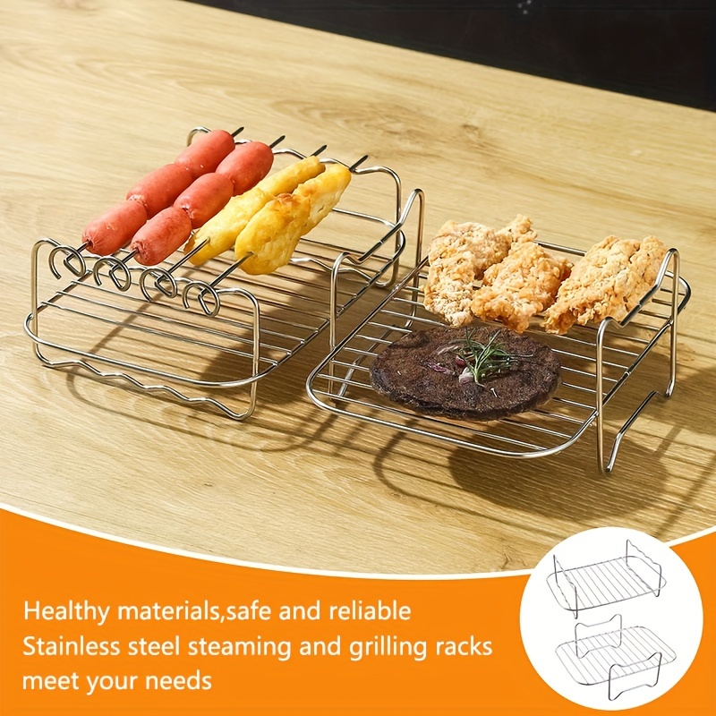 stainless steel air fryer rack accessory set with dual layer skewer stand for grilling and baking   4   skewers compatible with air fryers multipurpose cooking rack for fish meat and cake details 4