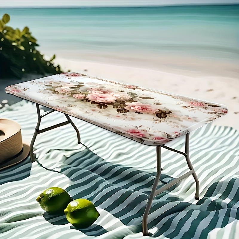TEMU 1 Design Tablecloth, Elegant Floral Pattern Stretch Tablecloth - Decor Item, Bright Colors, Outdoor Patio Set, Picnic Accessory, Suitable For