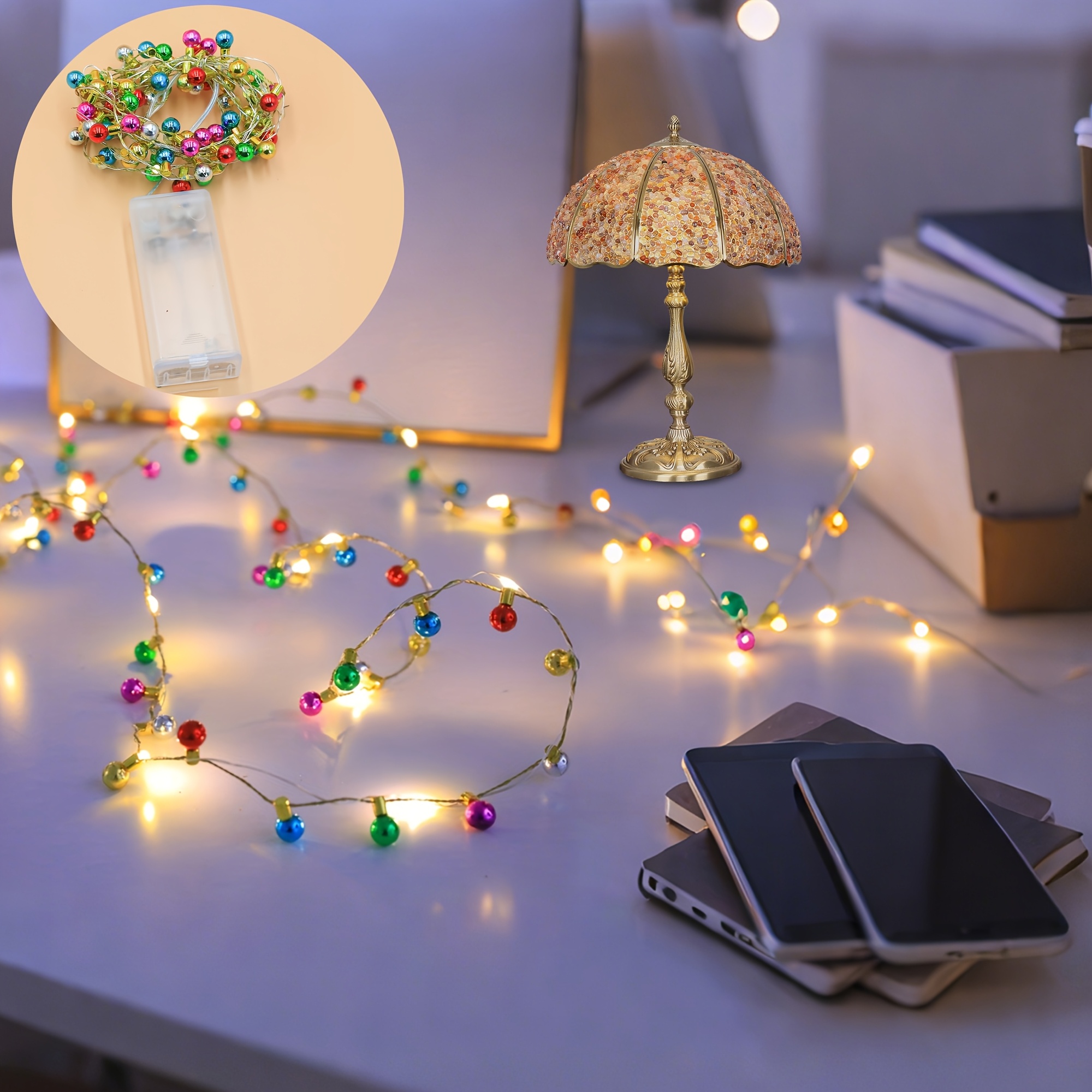 TEMU Guirlande Lumineuse LED Multicolore Extra-Longue de 200 cm/78,74 pouces avec Têtes Rondes, Décoratives Colorées, Alimentée par Piles, Prise,