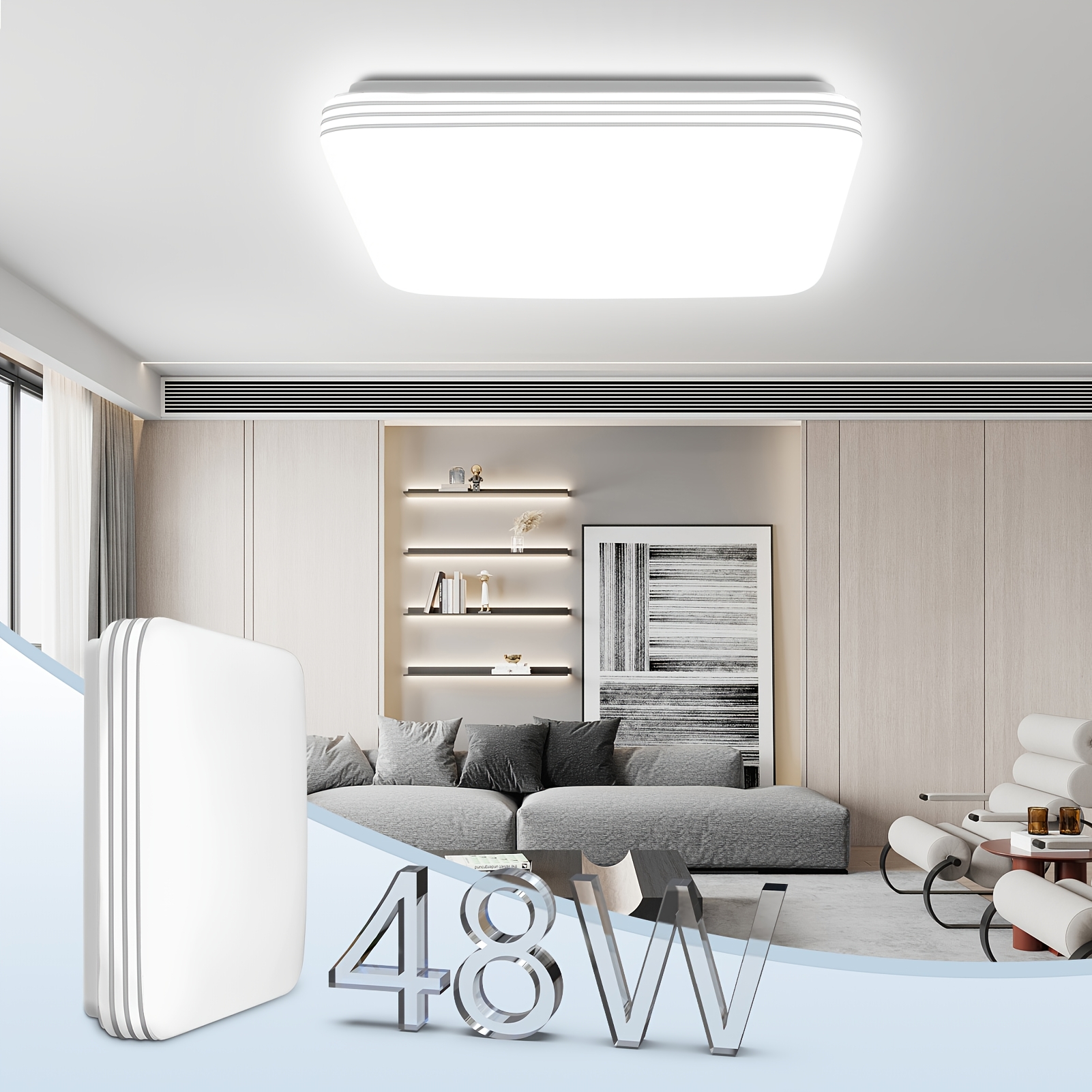 Image of 1pc 48w Ceiling Light Fixture, Flush Mounted Lighting, Cool White Suitable For Kitchen, Living Room, Hardwired Plug-and-play Installation, Flush Mount Light