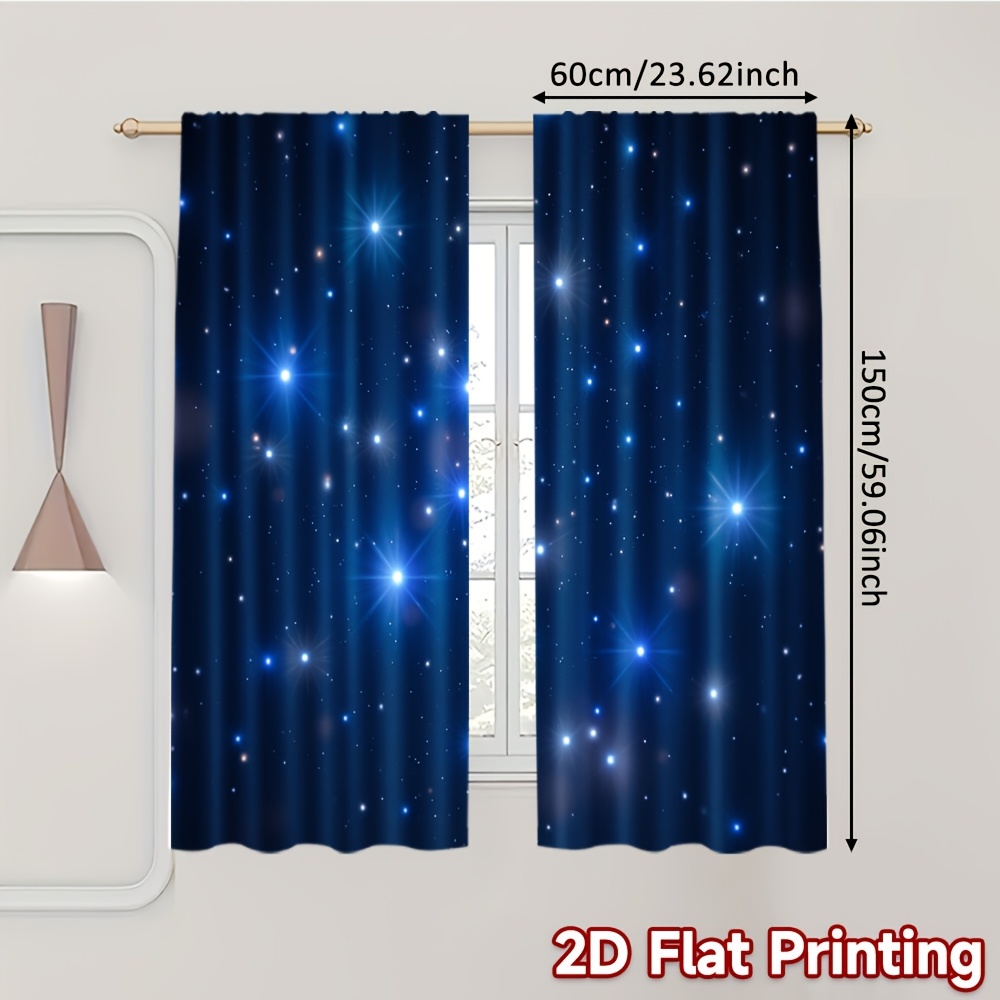 TEMU 2d Flat - 2d Flat - 2pcs 2d Flat Printing Starry Sky Curtains | 100% Polyester, Light-filtering, Rod Pocket, Hand Wash Only, Versatile For