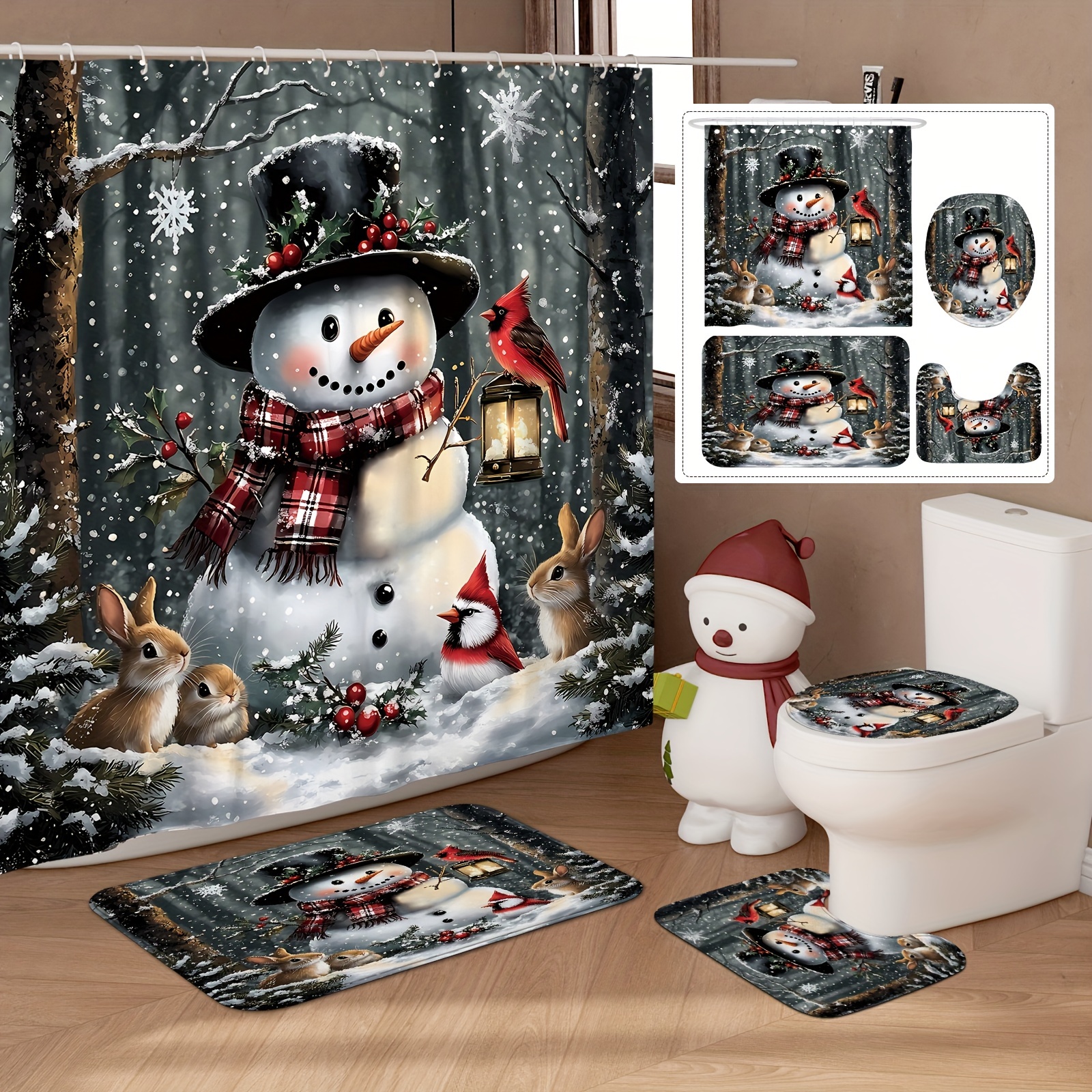 

Christmas Snowman Shower Curtain Set Rugs, Lid , And Bath Mat - - Polyester And Themes, Includes 12 , For Bathroom Decor