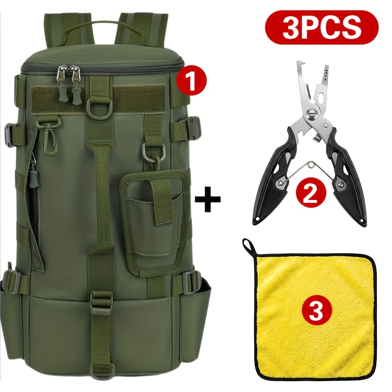 TEMU 3pcs Multi Functional Outdoor Fishing Backpack Set, Rod Storage Backpack With Cleaning Cloth And Fish Trap, 3-in-1 Convertible Crossbody Travel