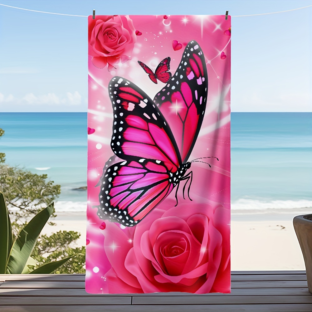 

1pc, Red Butterfly Pattern Large Microfiber Beach Blanket, Portable Soft Multi-purpose Beach Towel For Men Women - 3 Different Sizes