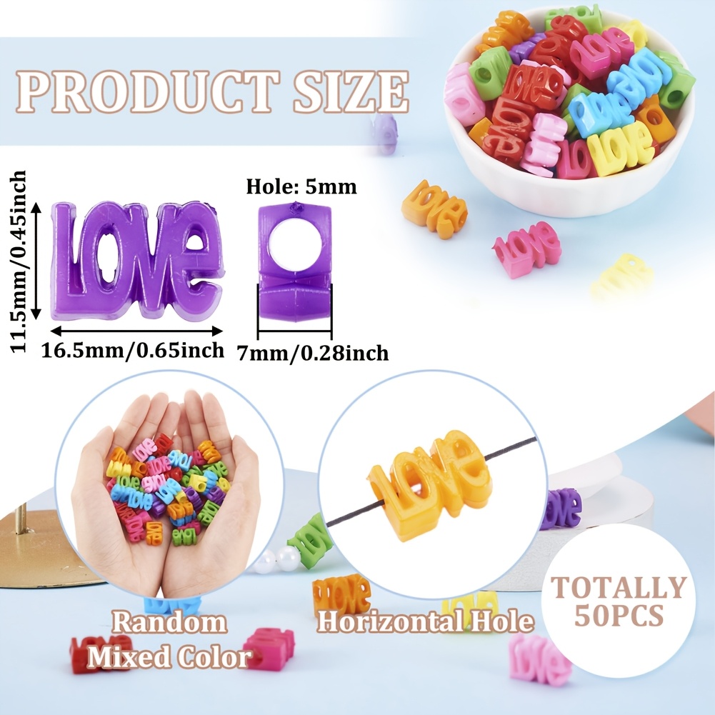TEMU 50pcs Opaque Acrylic , Large Hole, Word Love, Mixed Colors, 16.5x11.5x7mm, Hole: 5mm, Beads And Bead Assortments, For Making Jewelry, Making