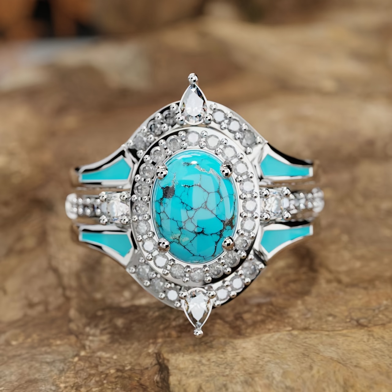 

Set Of 3 Vintage-style Synthetic Turquoise Mosaic Rings - Suitable For Engagement, Anniversary, Or Of Personalized Jewelry - With A Golden Structure, With Rings