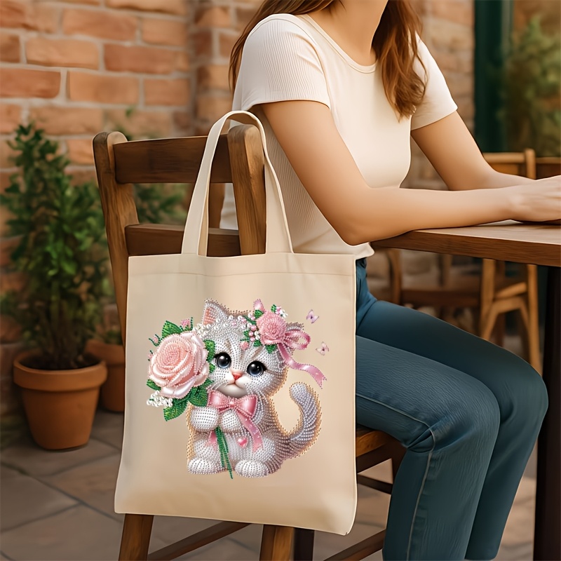 TEMU 1 lot Kit de sac fourre-tout à peindre au diamant à soi- avec motif de chat sur sac en toile - 1 lot Kit de sac fourre-tout à peindre au diamant