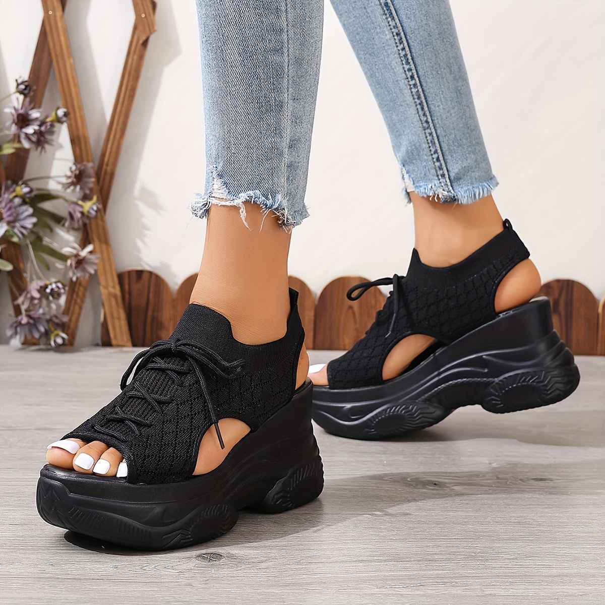 Women's Stylish Summer Platform Sandals - Black & White High Heel, Peep Toe, Cut-Out Design, Casual Beach Vacation Shoes, Breathable Fabric Upper, PU Cover Sole, Hand Wash or Dry Clean, Ladies Sandals