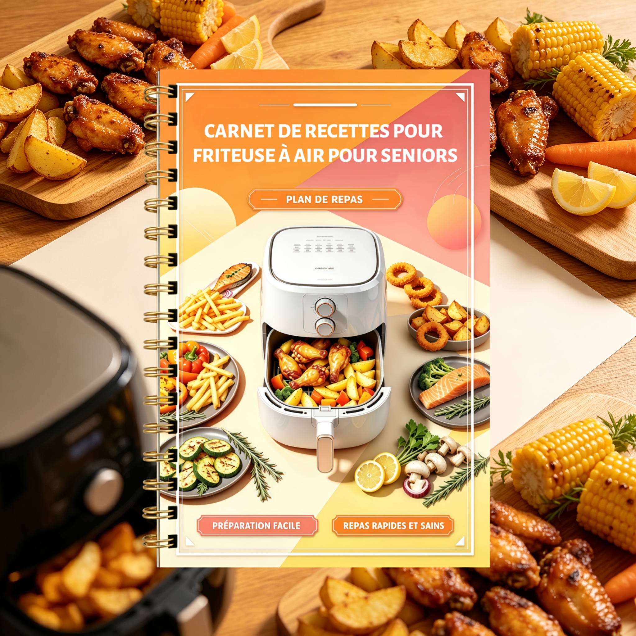 TEMU Édition française - Carnet de planification de recettes pour friteuse à air à spirale dorée à anneaux, spécialement conçu pour les seniors, pour