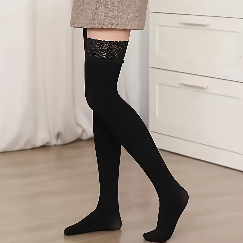 

1 Pair Elegant Contrast Lace Thigh-high Stockings For Women - Non-slip Silicone, Breathable Polyester Blend, Black With White Floral Pattern, Hand Wash Or , Casual Or Dressy Occasions