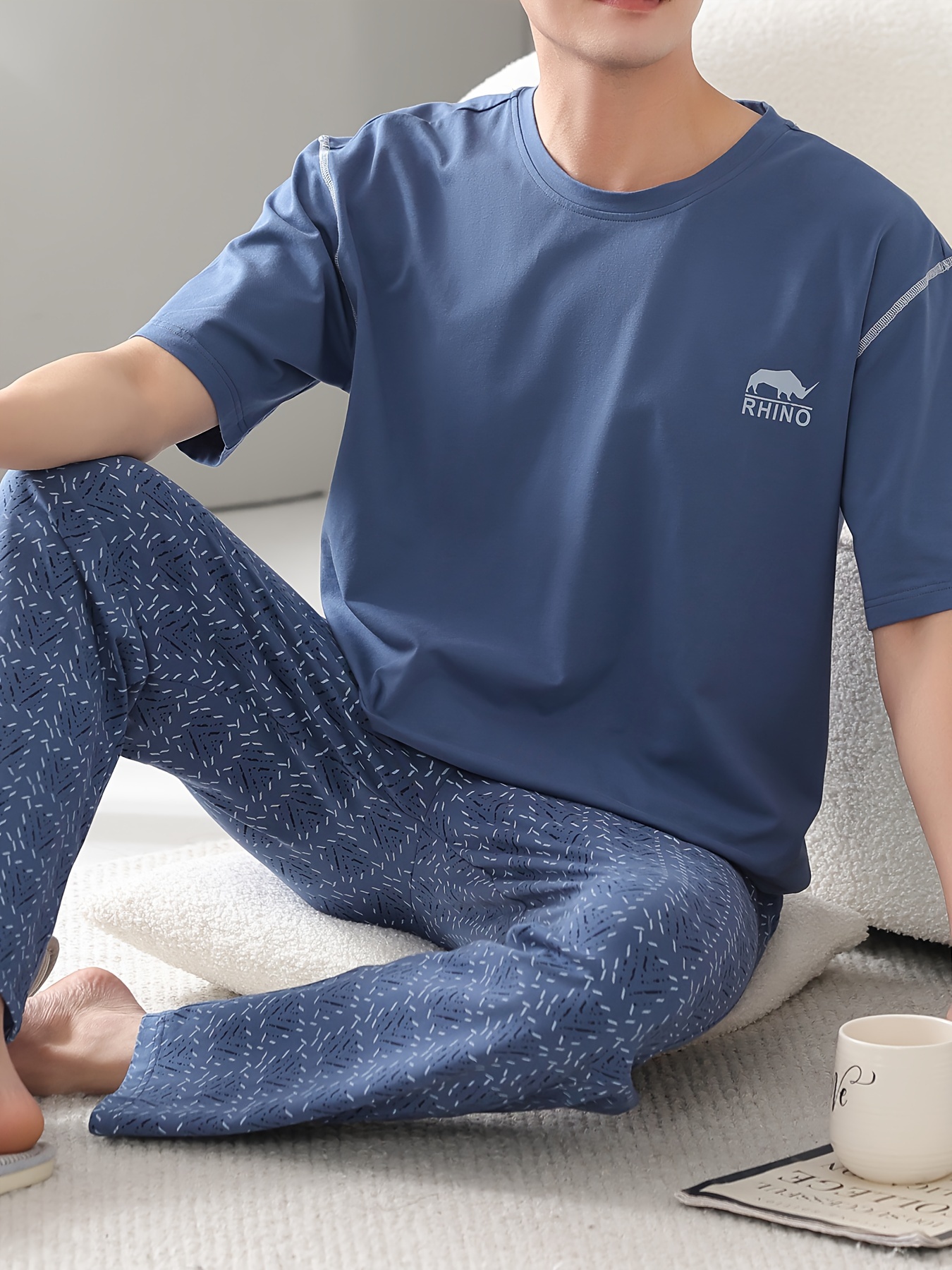 Men's Summer Cotton Pajama Set - Lightweight, Breathable Short Sleeve & Long Pants with Pockets, Casual Round Neck Sleepwear, Plus Size, Home Wear