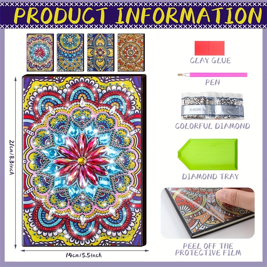 

4pcs Diy 5d Diamond Art Notebook Kit - Mandala With Unique Shaped Crystals, Acrylic Craft Journal Set For Sketching & Note