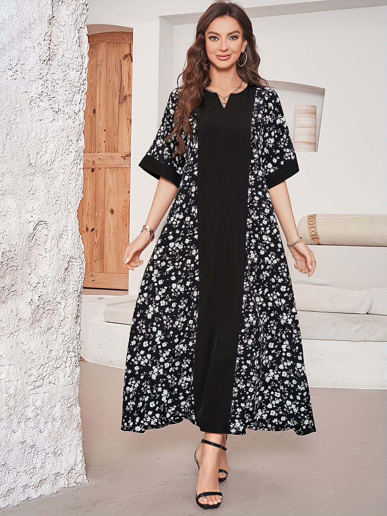 Vestido de estampado floral y bloques de color, elegante vestido de media manga con cuello en V para primavera y verano, ropa de mujer para Ramadán