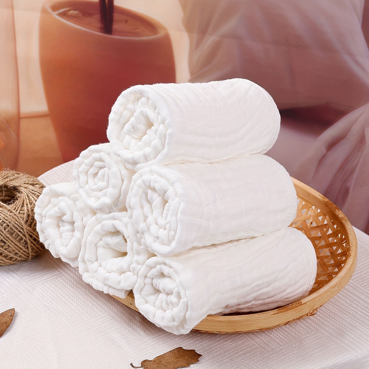 6pcs Soft & Absorbent Muslin Towel Set - Large, 6-layer Multipurpose Face Towels With Hanging Loop, Solid Colors, Knit Fabric