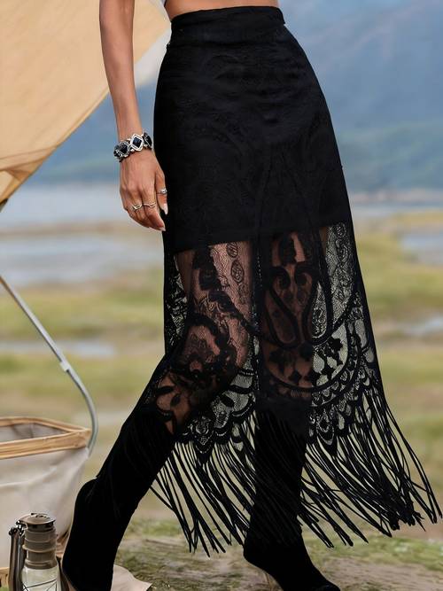 item picture 1353 black and white lace see through stitching tassel skirt womens high waisted bohemian long skirt beach party casual skirt