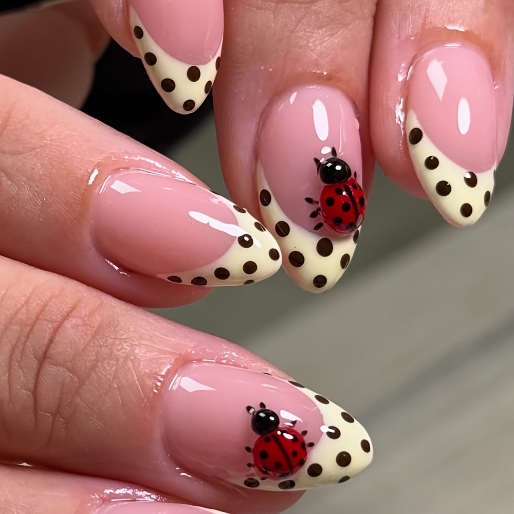 TEMU 30pcs Long Almond Press-on Nails Suitable For Diy French Tip Ladybug & Polka Dot Nail Art, 15 Sizes Reusable Fake Nails With 3d Ladybug