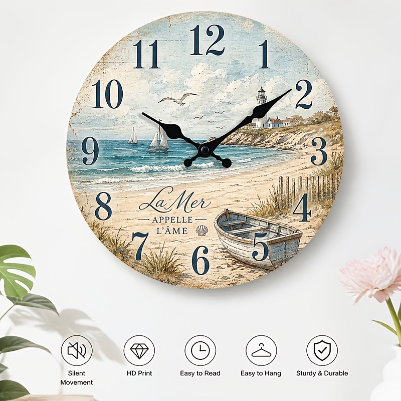 TEMU 1pc, Beach Sailing Silent Wall Clock, French Seaside Dial, Bedroom Dining Room Wall Decor Clock, Battery Powered (aa), Modern Living Room And
