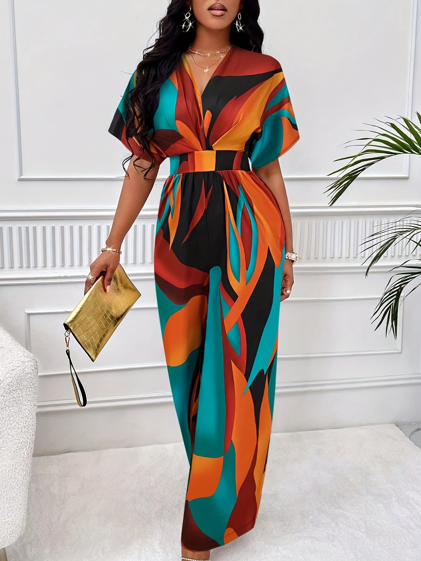 womens batwing sleeve jumpsuit v neck color block abstract print wide leg non   washable   casual vacation resort wear summer fashion smooth fabric   0