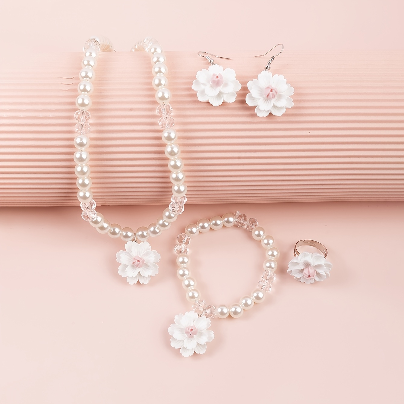 TEMU [new]a 4pcs Set Featuring Sweet And Adorable White And Geometric Bead Earrings, Necklace, Bracelet, And Ring. High-quality Jewelry With Upgraded