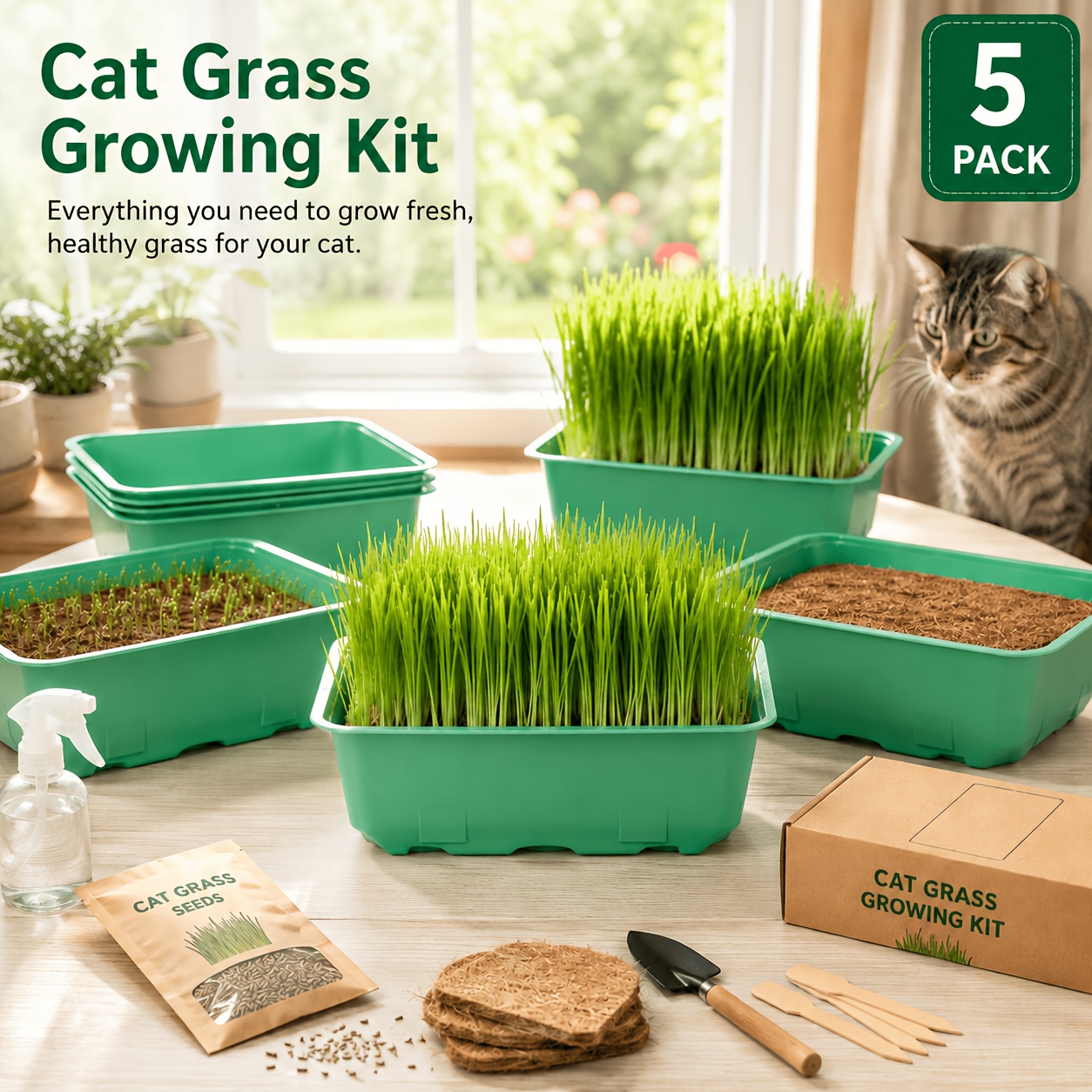 TEMU No Seeds Included 5 Pack Jute Cat Grass Growing Trays, Rectangular Seedling Starter Boxes With Natural Fiber Mats, Reusable Indoor Planters For