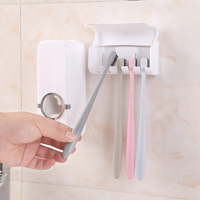 

5 Slots Wall Mount Toothbrush Holder With Cover, Self Adhesive Toothbrush Storage Organizer For Shower, Toothbrush Hanger With Automatic Toothpaste Squeezer Dispenser (white)