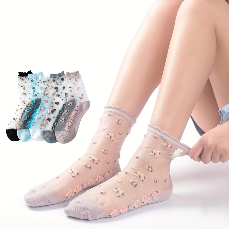 

5-pair Elegant & Comfortable Floral Mesh Ankle Socks For Women: Breathable, ,