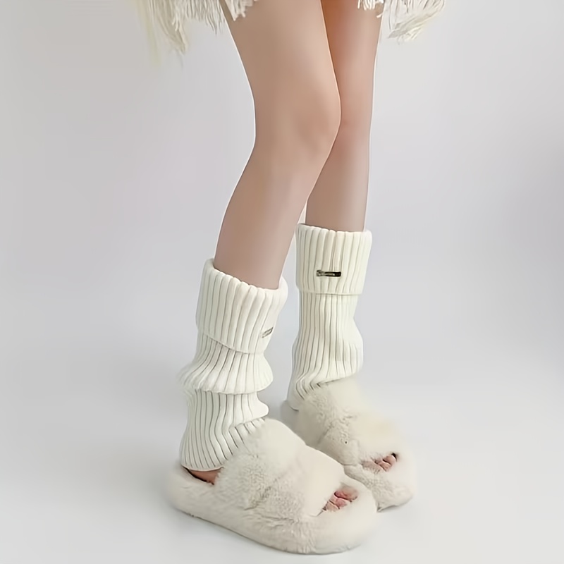 TEMU 1 Pair - Fashion Women's Elegant Thickened Winter Leg Solid Color Warm Socks - Mid-calf Warm Leg Warmers With Elastic Cuffs, Suitable For Casual