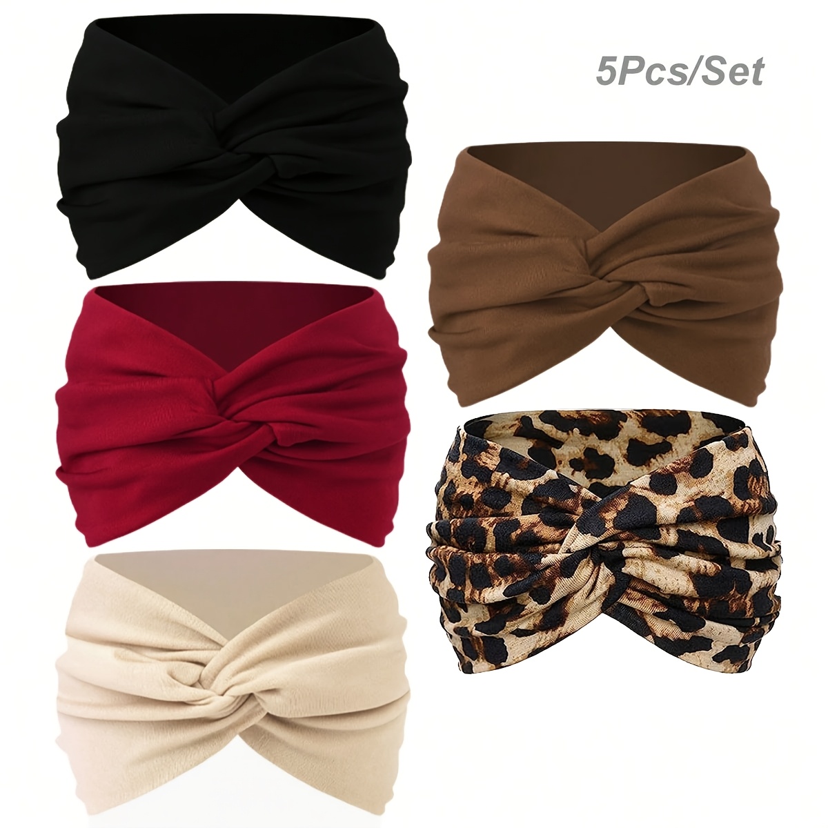 5pcs Women's Extra-Wide Crisscross Headbands, Solid Color Set