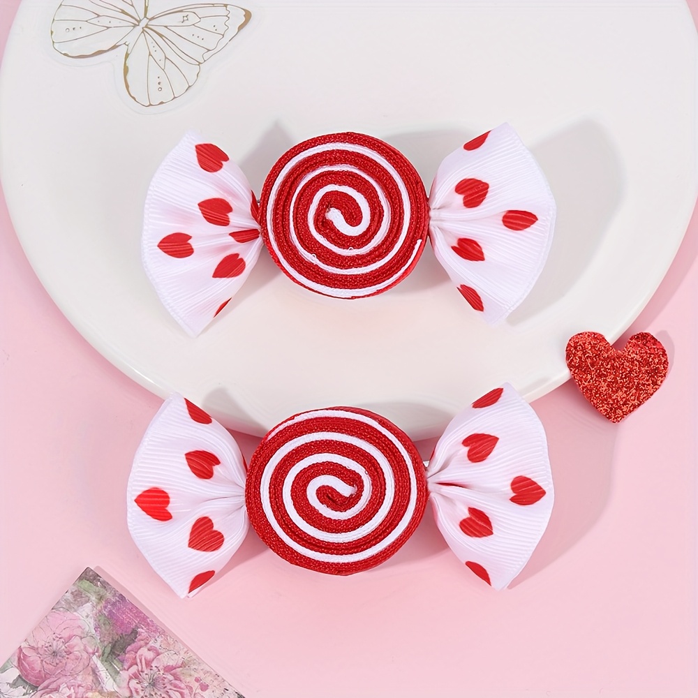 

2pcs Valentine's Day Candy Heart Hair Bow Clips For Girls, Polyester Alligator Clip Barrettes, Non-woven Fabric Teen Daily & Casual Hair Accessories